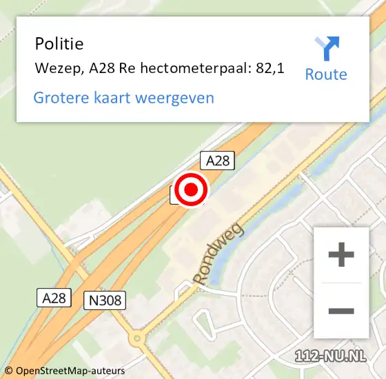 Locatie op kaart van de 112 melding: Politie Wezep, A28 Re hectometerpaal: 82,1 op 26 april 2019 08:14