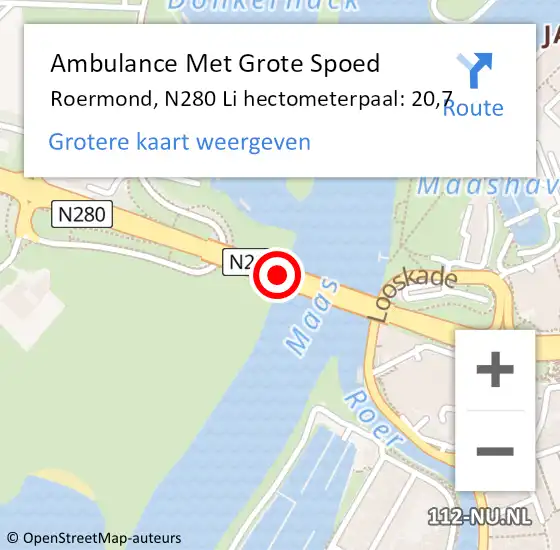Locatie op kaart van de 112 melding: Ambulance Met Grote Spoed Naar Roermond, N280 Li hectometerpaal: 20,7 op 29 april 2019 07:37