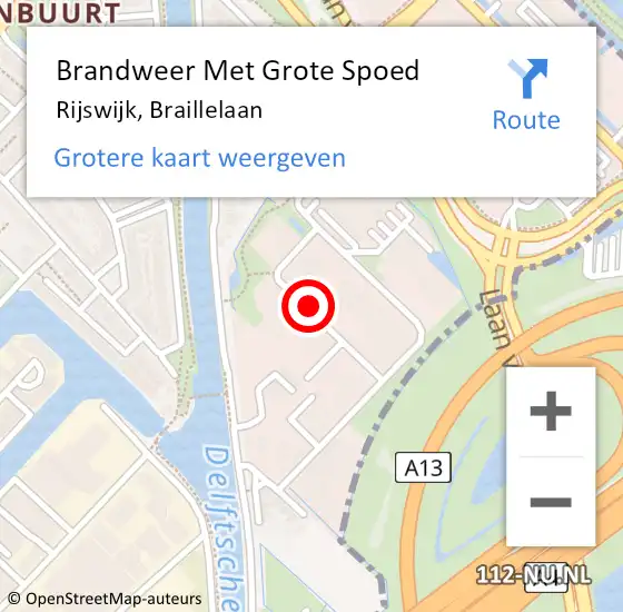 Locatie op kaart van de 112 melding: Brandweer Met Grote Spoed Naar Rijswijk, Braillelaan op 29 april 2019 08:27