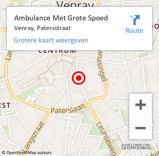 Locatie op kaart van de 112 melding: Ambulance Met Grote Spoed Naar Venray, Patersstraat op 30 april 2019 21:13