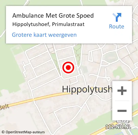 Locatie op kaart van de 112 melding: Ambulance Met Grote Spoed Naar Hippolytushoef, Primulastraat op 3 mei 2019 14:52