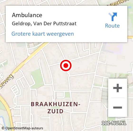 Locatie op kaart van de 112 melding: Ambulance Geldrop, Van Der Puttstraat op 5 mei 2019 20:31