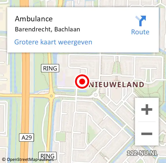 Locatie op kaart van de 112 melding: Ambulance Barendrecht, Bachlaan op 7 mei 2019 10:26