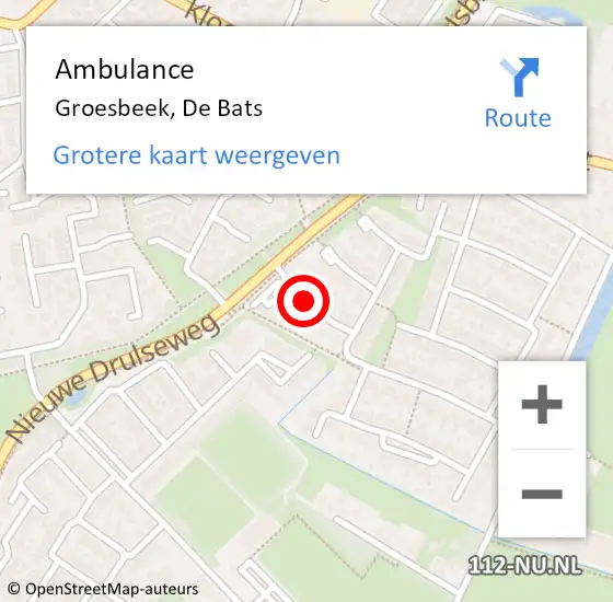 Locatie op kaart van de 112 melding: Ambulance Groesbeek, De Bats op 8 mei 2019 11:44