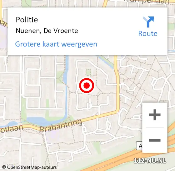 Locatie op kaart van de 112 melding: Politie Nuenen, De Vroente op 8 mei 2019 20:31