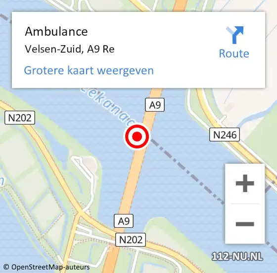 Locatie op kaart van de 112 melding: Ambulance Velsen-Zuid, A9 Re op 9 mei 2019 16:31