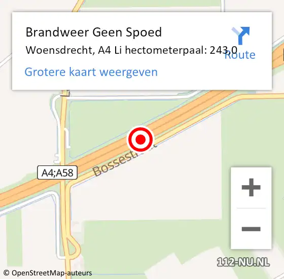 Locatie op kaart van de 112 melding: Brandweer Geen Spoed Naar Woensdrecht, A4 Li hectometerpaal: 243,0 op 11 mei 2019 02:48