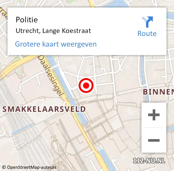 Locatie op kaart van de 112 melding: Politie Utrecht, Lange Koestraat op 11 mei 2019 09:00