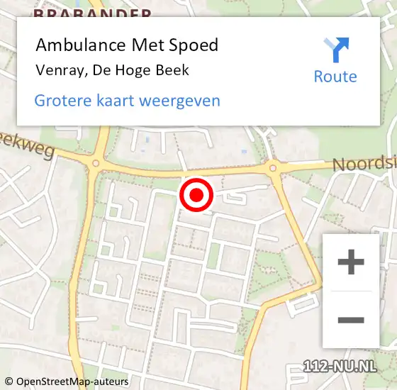 Locatie op kaart van de 112 melding: Ambulance Met Spoed Naar Venray, De Hoge Beek op 12 mei 2019 12:16