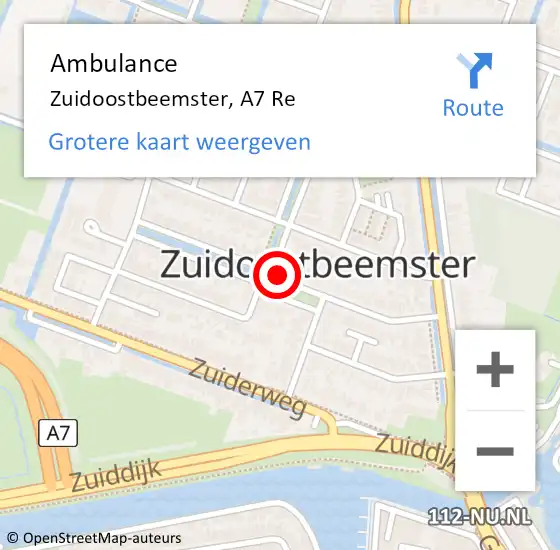 Locatie op kaart van de 112 melding: Ambulance Zuidoostbeemster, A7 Li op 13 mei 2019 07:55