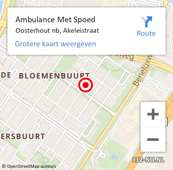 Locatie op kaart van de 112 melding: Ambulance Met Spoed Naar Oosterhout, Akeleistraat op 15 mei 2019 02:03