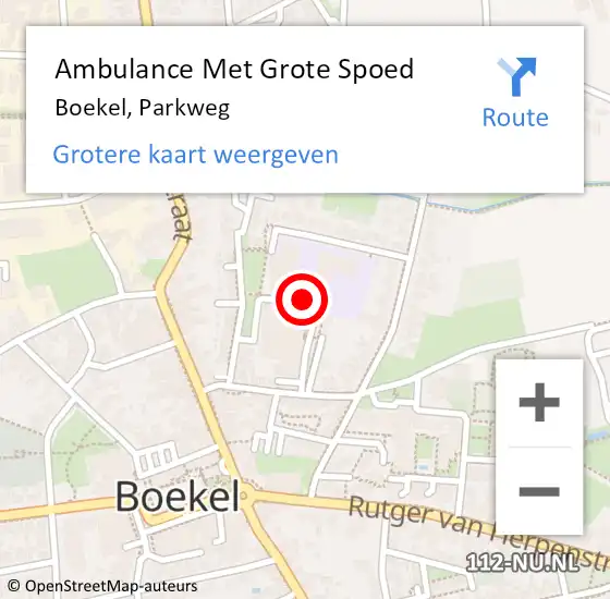 Locatie op kaart van de 112 melding: Ambulance Met Grote Spoed Naar Boekel, Parkweg op 15 mei 2019 12:53