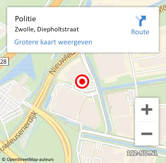 Locatie op kaart van de 112 melding: Politie Zwolle, Diepholtstraat op 15 mei 2019 12:59