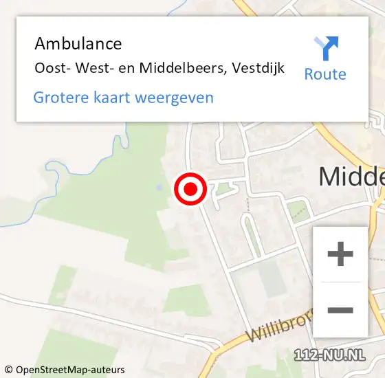 Locatie op kaart van de 112 melding: Ambulance Oost- West- en Middelbeers, Vestdijk op 16 mei 2019 07:40