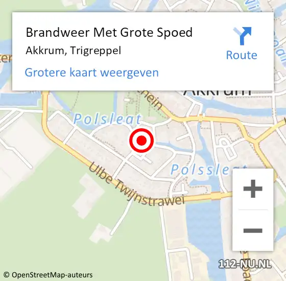 Locatie op kaart van de 112 melding: Brandweer Met Grote Spoed Naar Akkrum, Trigreppel op 16 mei 2019 13:37