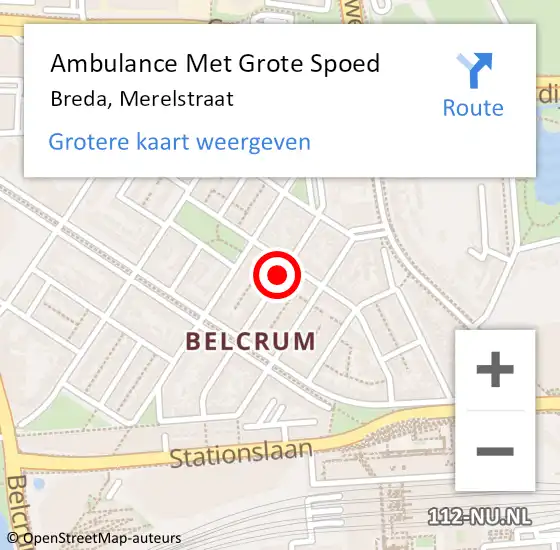 Locatie op kaart van de 112 melding: Ambulance Met Grote Spoed Naar Breda, Merelstraat op 16 mei 2019 15:54