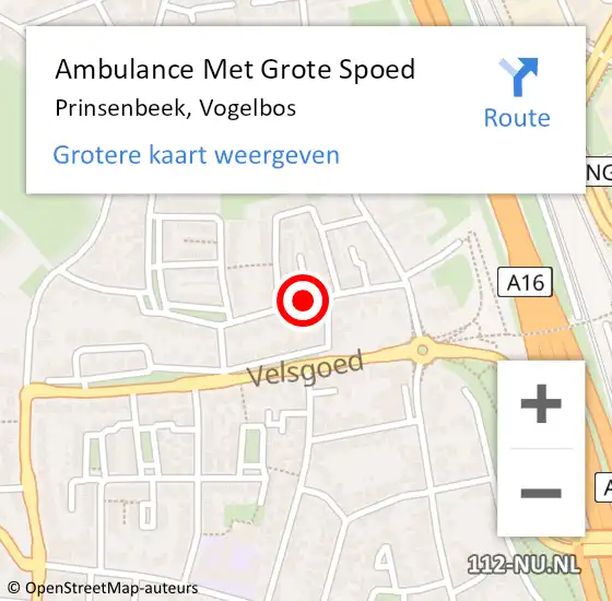 Locatie op kaart van de 112 melding: Ambulance Met Grote Spoed Naar Prinsenbeek, Vogelbos op 17 mei 2019 09:27