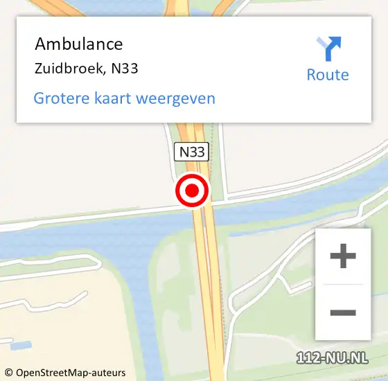 Locatie op kaart van de 112 melding: Ambulance Zuidbroek, N33 op 18 mei 2019 10:36