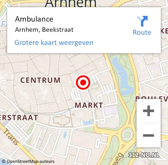 Locatie op kaart van de 112 melding: Ambulance Arnhem, Beekstraat op 18 mei 2019 12:26