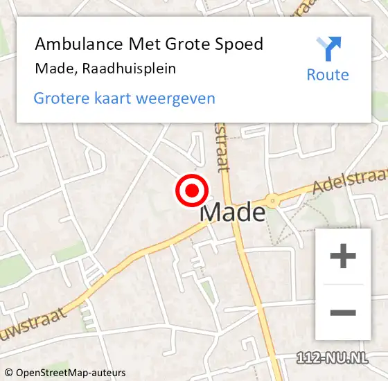 Locatie op kaart van de 112 melding: Ambulance Met Grote Spoed Naar Made, Raadhuisplein op 18 mei 2019 20:45