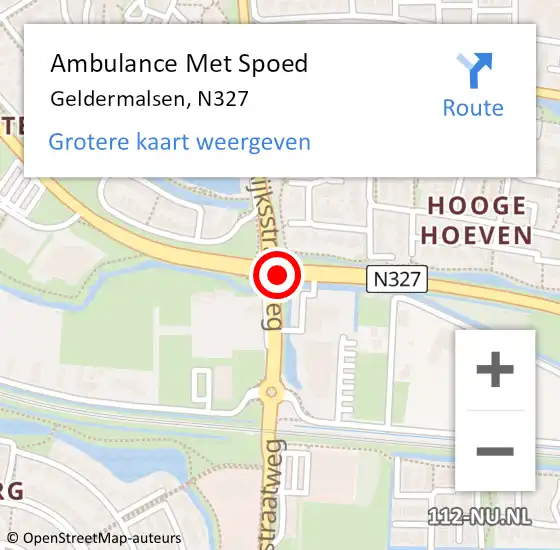 Locatie op kaart van de 112 melding: Ambulance Met Spoed Naar Geldermalsen, N327 op 19 mei 2019 12:48