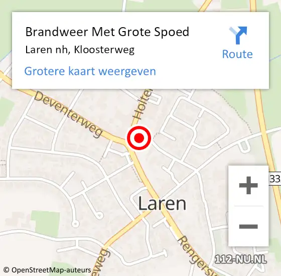 Locatie op kaart van de 112 melding: Brandweer Met Grote Spoed Naar Laren nh, Kloosterweg op 19 mei 2019 13:30