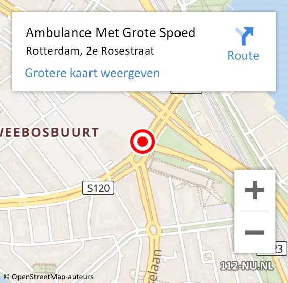 Locatie op kaart van de 112 melding: Ambulance Met Grote Spoed Naar Rotterdam, 2e Rosestraat op 20 mei 2019 00:02