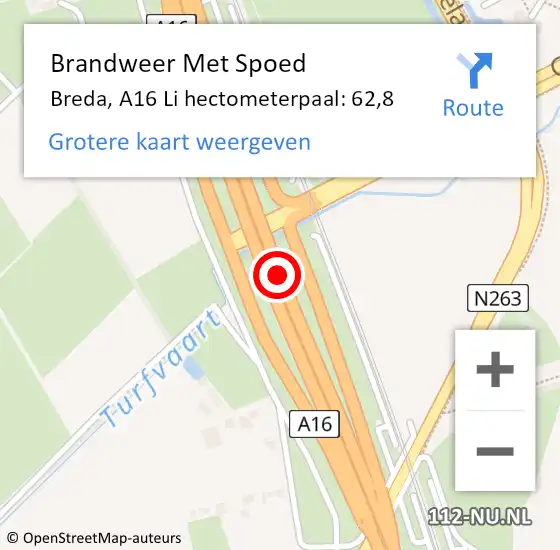 Locatie op kaart van de 112 melding: Brandweer Met Spoed Naar Breda, A16 Li hectometerpaal: 62,8 op 20 mei 2019 09:06