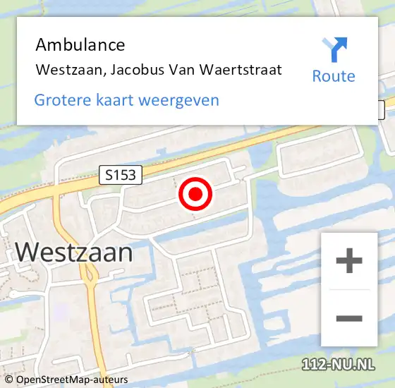 Locatie op kaart van de 112 melding: Ambulance Westzaan, Jacobus van Waertstraat op 21 mei 2019 08:35