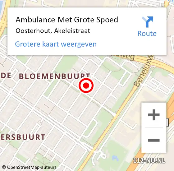 Locatie op kaart van de 112 melding: Ambulance Met Grote Spoed Naar Oosterhout, Akeleistraat op 22 mei 2019 12:03