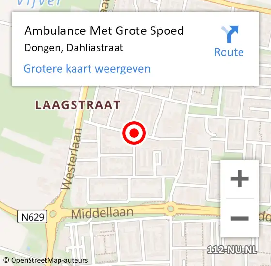 Locatie op kaart van de 112 melding: Ambulance Met Grote Spoed Naar Dongen, Dahliastraat op 22 mei 2019 17:18