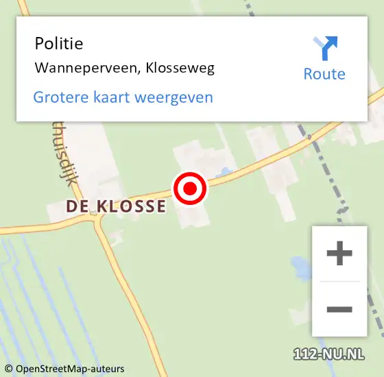 Locatie op kaart van de 112 melding: Politie Wanneperveen, Klosseweg op 23 mei 2019 14:24