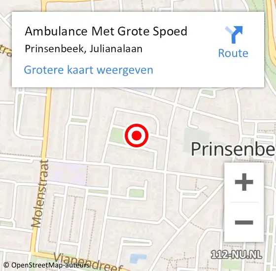 Locatie op kaart van de 112 melding: Ambulance Met Grote Spoed Naar Prinsenbeek, Julianalaan op 23 mei 2019 17:48