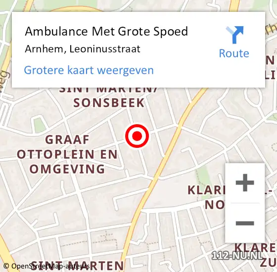 Locatie op kaart van de 112 melding: Ambulance Met Grote Spoed Naar Arnhem, Leoninusstraat op 24 mei 2019 18:14