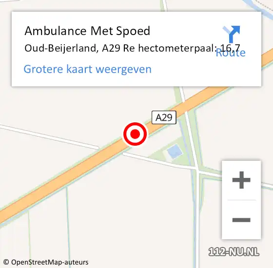 Locatie op kaart van de 112 melding: Ambulance Met Spoed Naar Oud-Beijerland, A29 Re hectometerpaal: 16,7 op 24 mei 2019 18:24