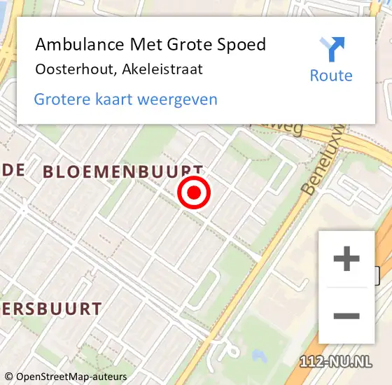 Locatie op kaart van de 112 melding: Ambulance Met Grote Spoed Naar Oosterhout, Akeleistraat op 26 mei 2019 02:04