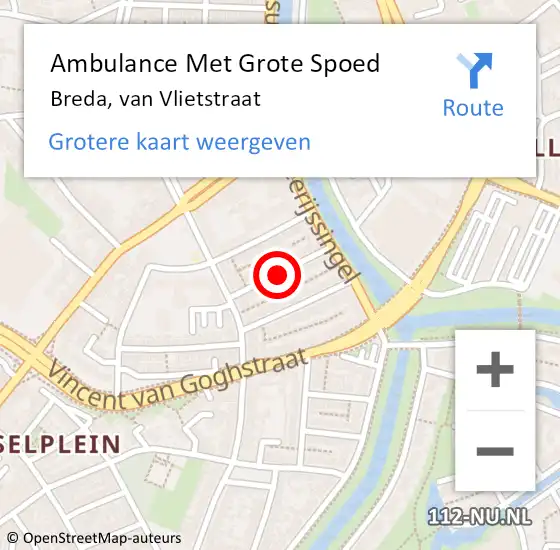 Locatie op kaart van de 112 melding: Ambulance Met Grote Spoed Naar Breda, van Vlietstraat op 27 mei 2019 00:50