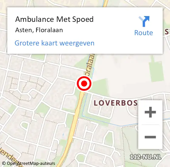 Locatie op kaart van de 112 melding: Ambulance Met Spoed Naar Asten, Floralaan op 27 mei 2019 14:14
