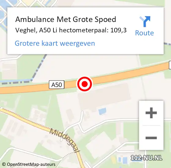 Locatie op kaart van de 112 melding: Ambulance Met Grote Spoed Naar Veghel, A50 Li hectometerpaal: 109,3 op 29 mei 2019 01:45