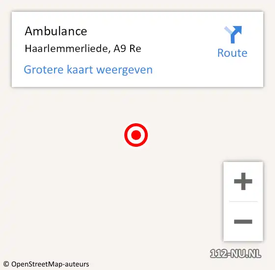 Locatie op kaart van de 112 melding: Ambulance Haarlemmerliede, A9 Re op 29 mei 2019 08:57