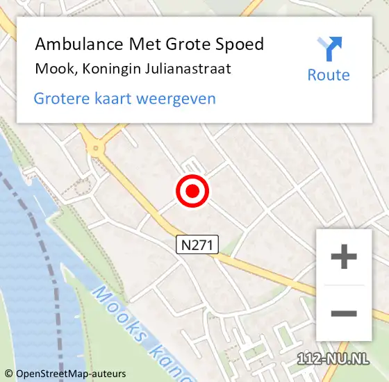 Locatie op kaart van de 112 melding: Ambulance Met Grote Spoed Naar Mook, Koningin Julianastraat op 29 mei 2019 10:48