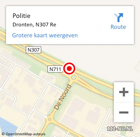 Locatie op kaart van de 112 melding: Politie Dronten, N307 Re op 29 mei 2019 18:13