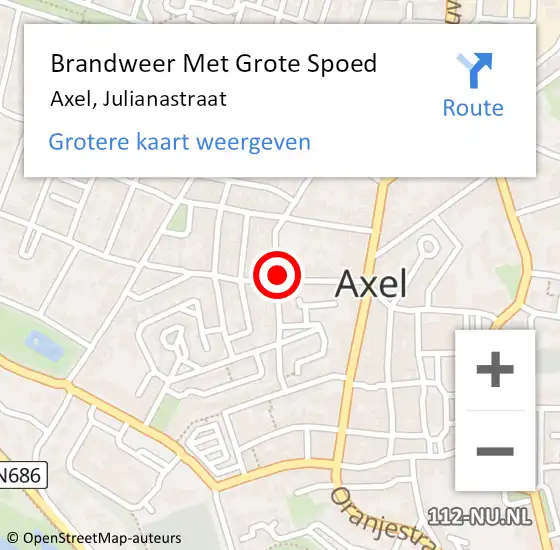 Locatie op kaart van de 112 melding: Brandweer Met Grote Spoed Naar Axel, Julianastraat op 30 mei 2019 22:08