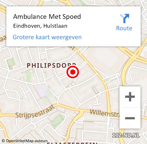 Locatie op kaart van de 112 melding: Ambulance Met Spoed Naar Eindhoven, Hulstlaan op 2 juni 2019 07:39