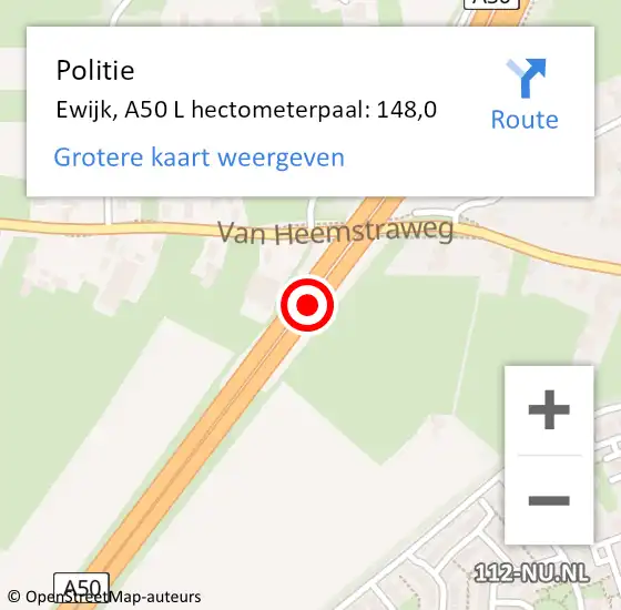 Locatie op kaart van de 112 melding: Politie Ewijk, A50 L hectometerpaal: 148,0 op 2 juni 2019 10:21