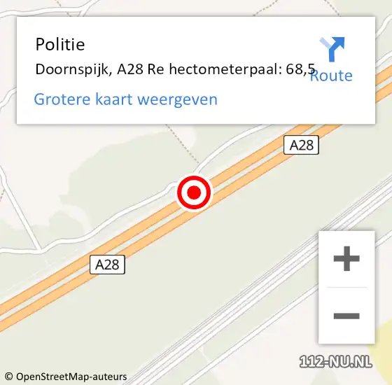 Locatie op kaart van de 112 melding: Politie Doornspijk, A28 Re hectometerpaal: 68,5 op 3 juni 2019 08:12