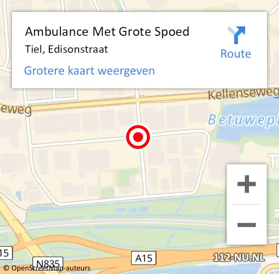 Locatie op kaart van de 112 melding: Ambulance Met Grote Spoed Naar Tiel, Edisonstraat op 3 juni 2019 14:52