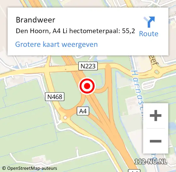 Locatie op kaart van de 112 melding: Brandweer Den Hoorn, A4 Li hectometerpaal: 55,4 op 4 juni 2019 14:23