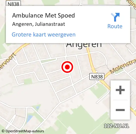 Locatie op kaart van de 112 melding: Ambulance Met Spoed Naar Angeren, Julianastraat op 5 juni 2019 11:03