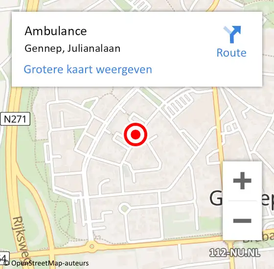 Locatie op kaart van de 112 melding: Ambulance Gennep, Julianalaan op 6 juni 2019 11:28